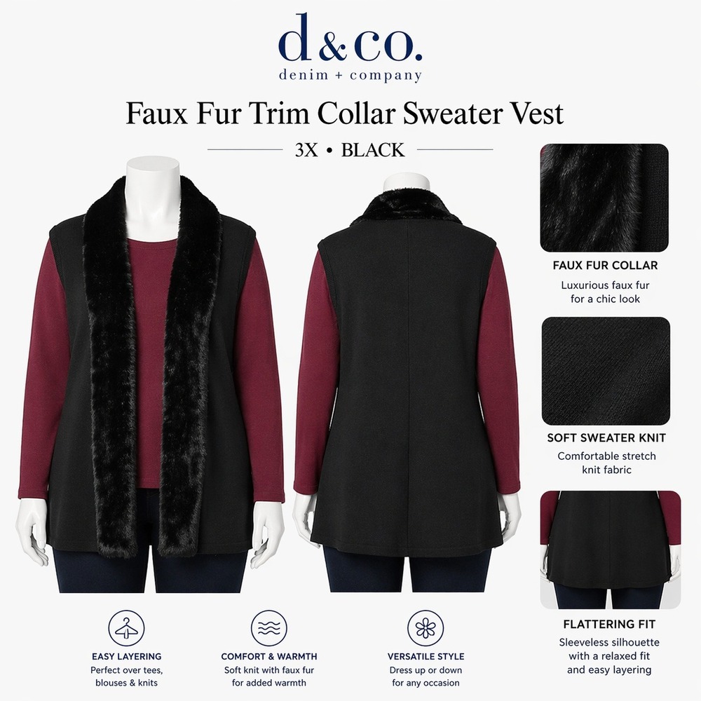 3X Womens Denim & Co Faux Fur Trim Collar Sweater Vest Black Sleeveless